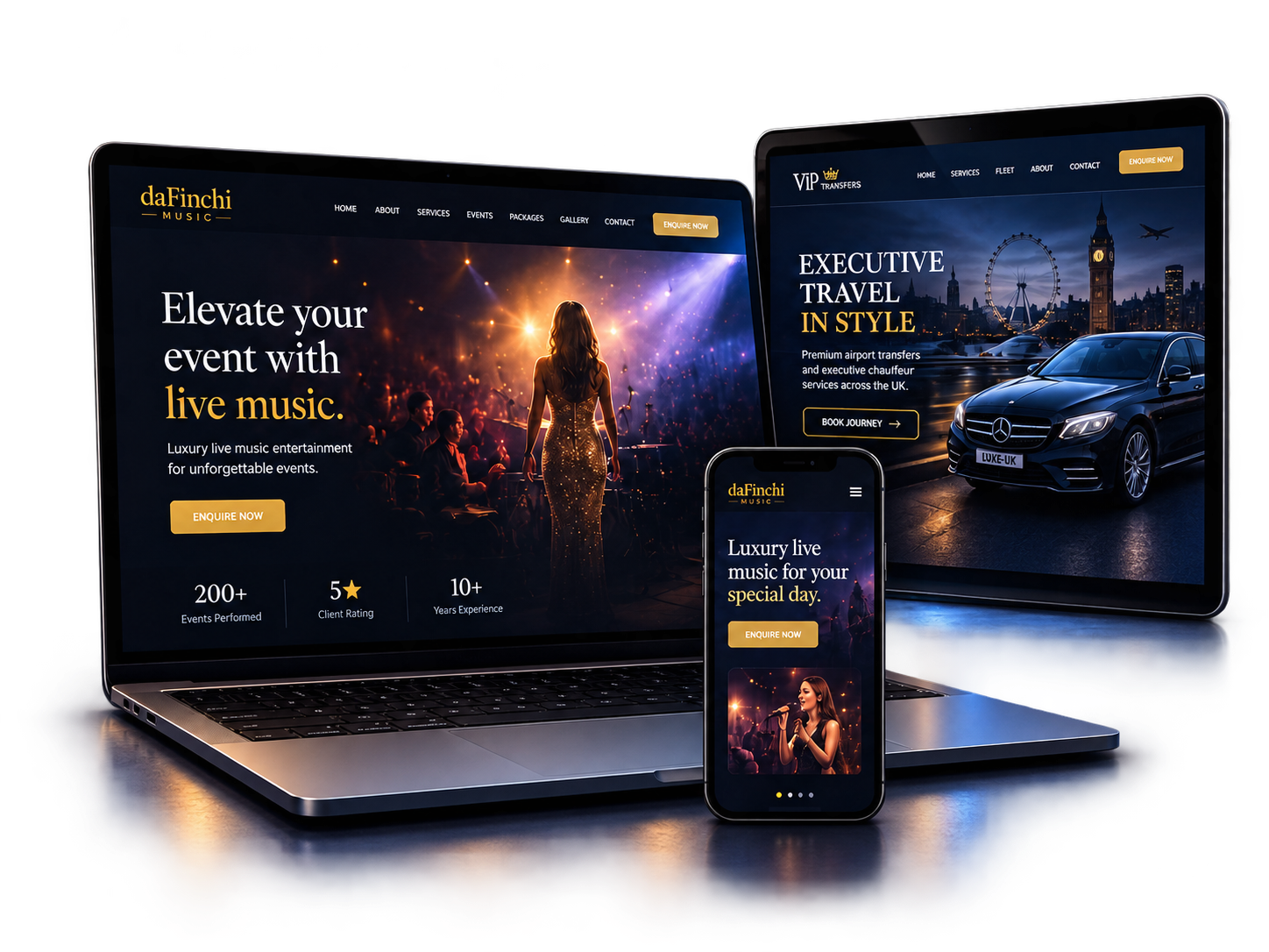 Website designs presented across laptop, tablet and mobile devices
